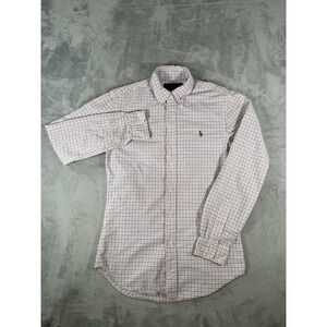 Ralph Lauren Shirt Men's Small Pink Blue Checked Slim Fit Flesh Pony‎ Button Up